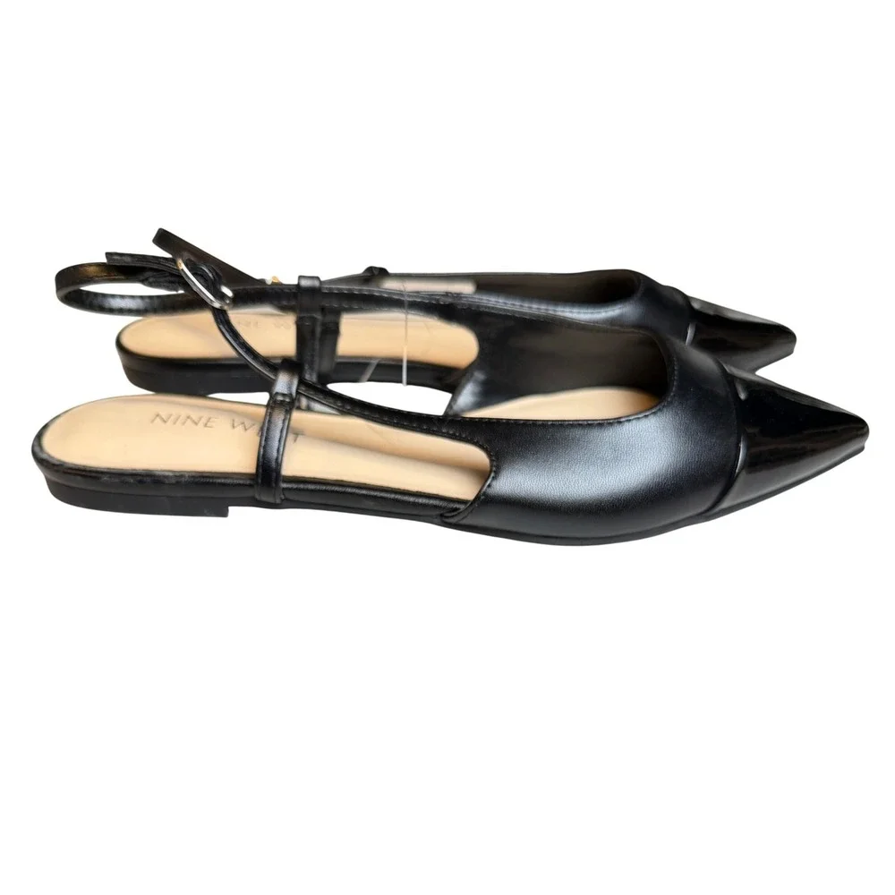 Nine West Women Cap Toe Patent Slingback Flats 7M Black Pointed Toe Classic Chic - Picture 3 of 7
